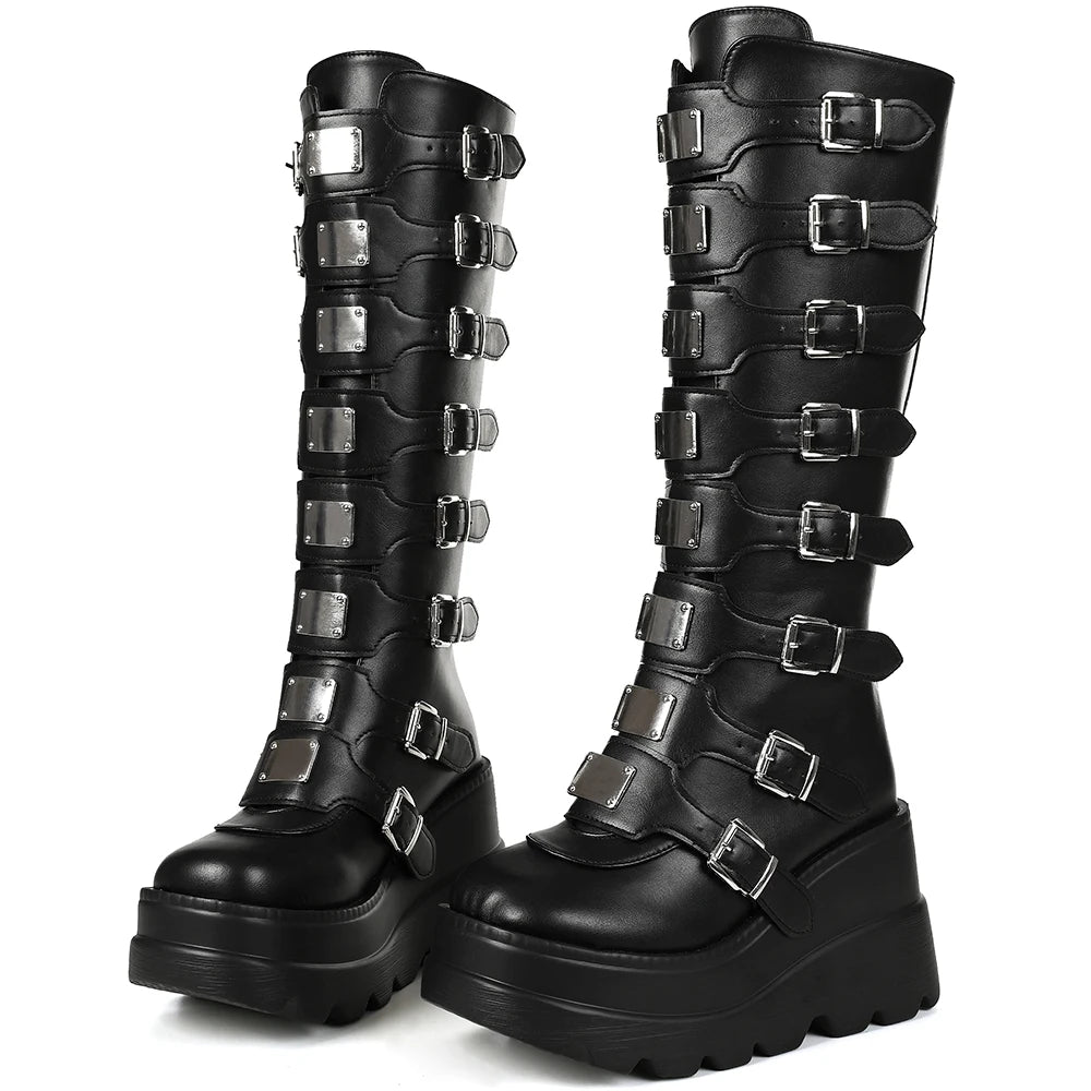 GIGIFOX Goth Metal Buckle Combat Mid-Calf Boots For Women Round Toe Platform Chunky High Wedges Cool Fashion Motorcycle Boots -