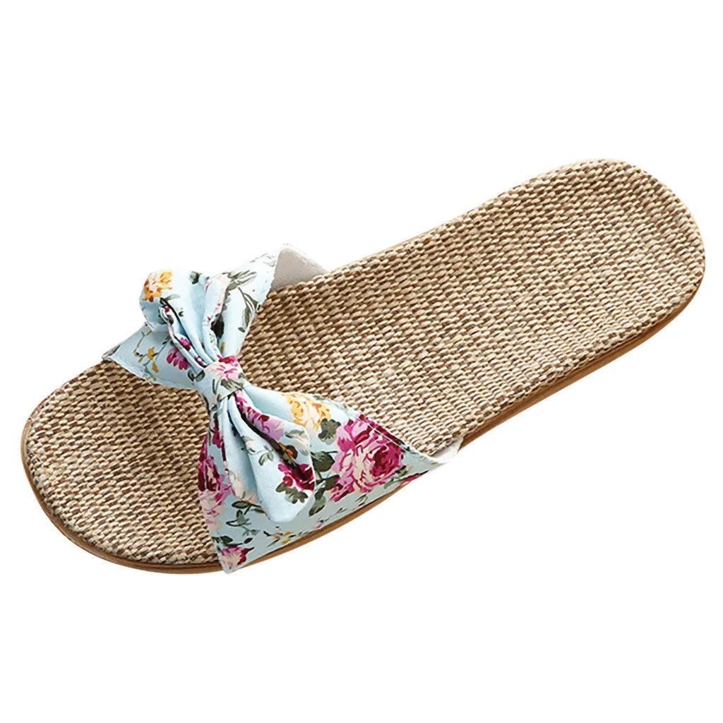 Ladies' Bohemian Style Bow Flower Linen Slippers Sandals Beach Shoes Home Shoes Beach Slippers Indoor Non Slip Shoes 2024 -