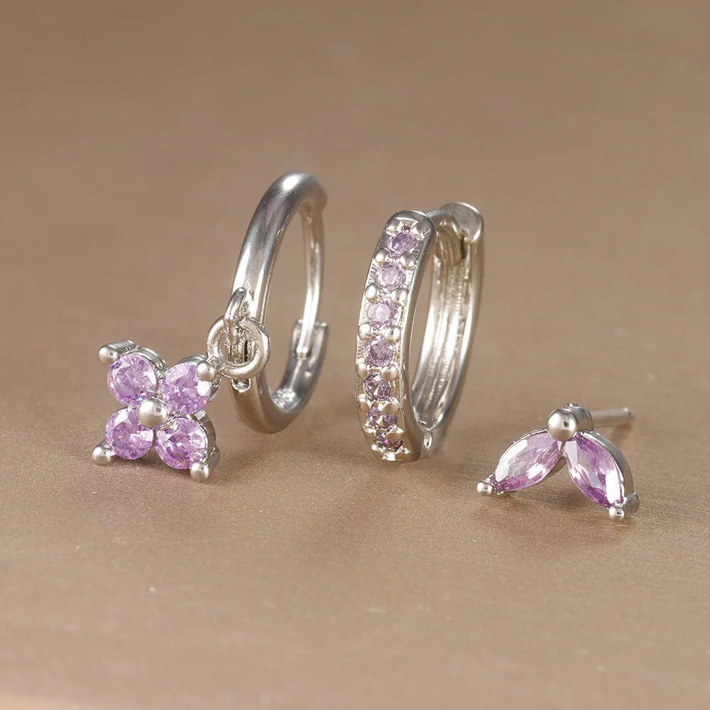 3PCS Trendy Stainless Steel Flower Drop Earring Set -
