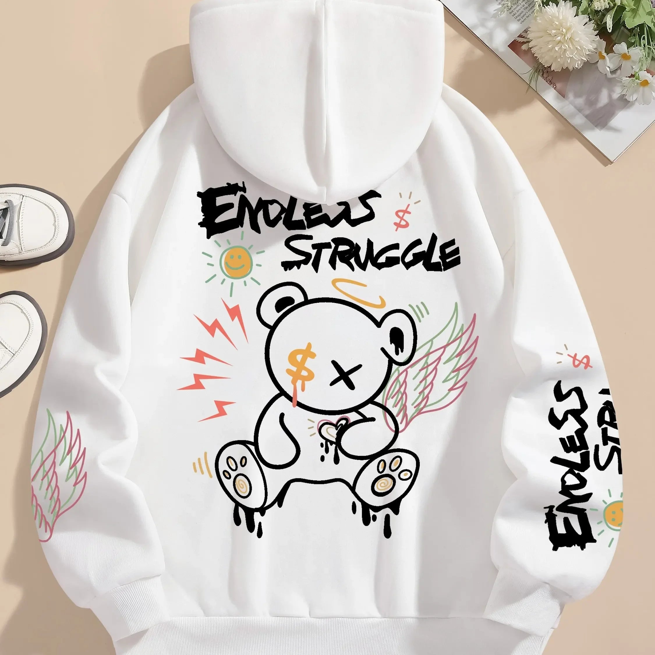 Street Men's and Women's Sweatshirts Endless Struggle Graffiti Bear Print Hoodies Loose Sweatshirt Set Sportswear Casual -