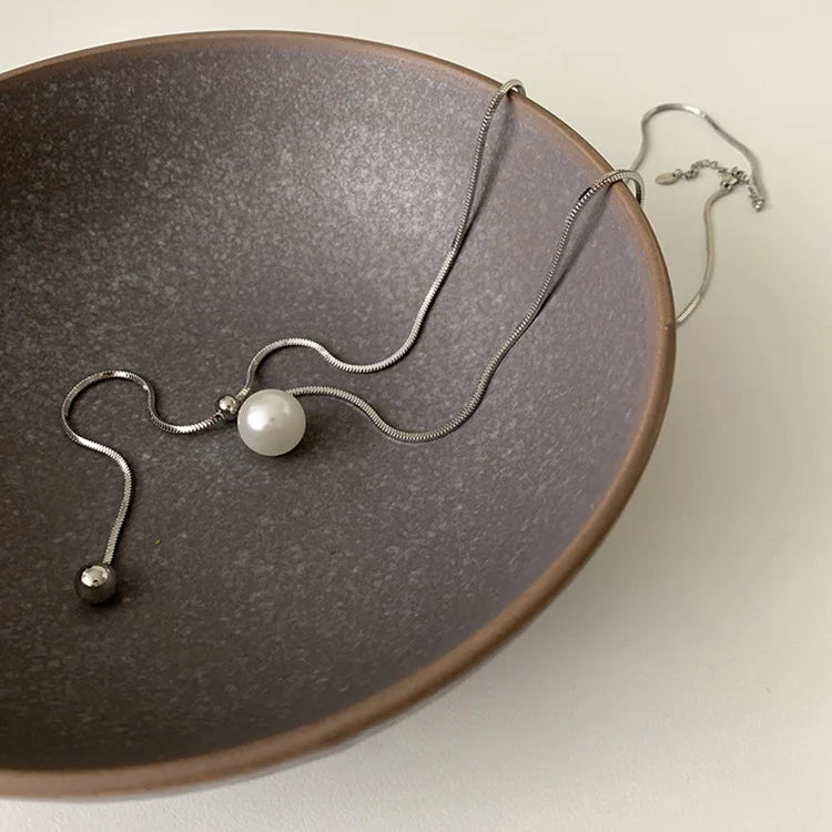 Women Long Necklace With Single Pearl -