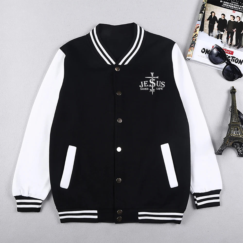 Make a statement with this preppy-style baseball jacket featuring a Jesus Saved My Life letter graphic. This unique design adds a touch of faith-inspired fashion to your look. -