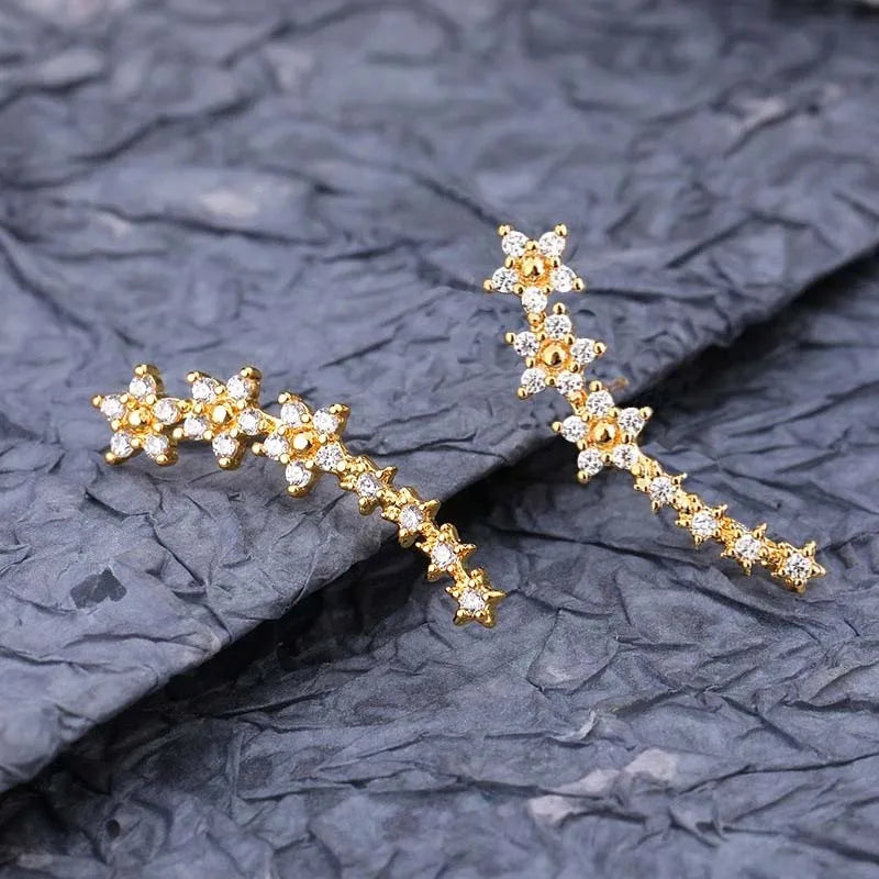 Silver Zircon Flower Star Stud Earrings for Women -