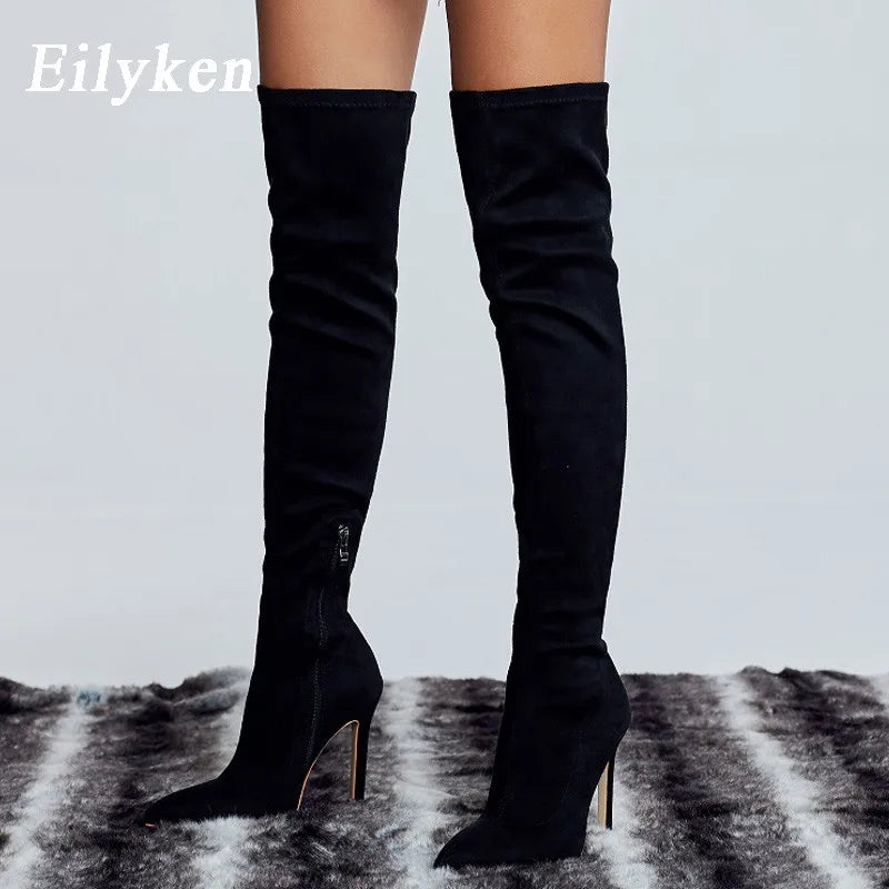 Eilyken Sexy Fashion Pointed Toe Over-The-Knee Boots Women Red Zipper High Heels Shoes Winter Striptease Motorcycle Long Botas -