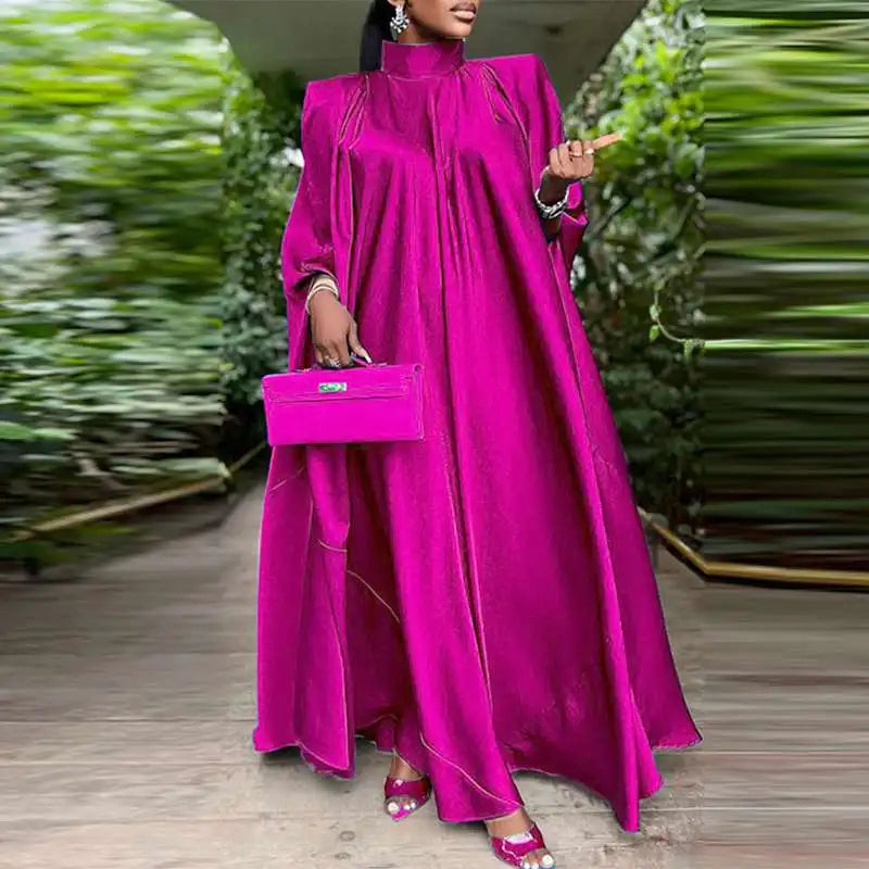 Plus Size 5XL VONDA 2023 Women Stand Collar Elegant Satin Dress Long Bat Sleeve Evening Pleated Maxi Sundress Casual Solid Robe -