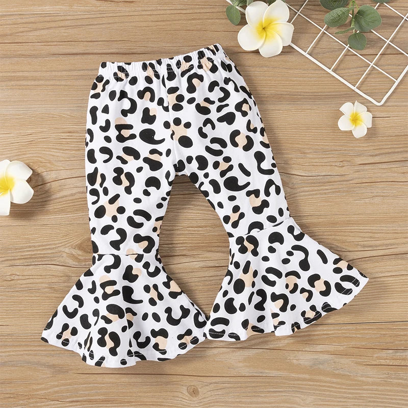 2pcs Baby Girl Clothes Sets Black Pullover Top + Leopard Print Bell-Bottoms Autumn Children's Clothing For 2 3 4 5 7 8 Years Old -