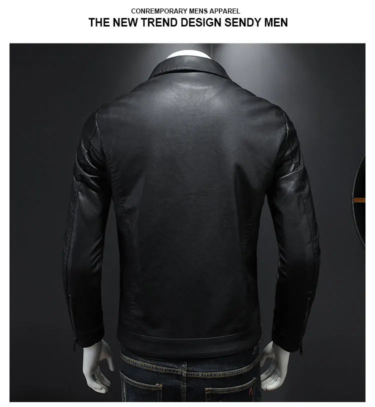 Men's Motorcycle Leather Jacket Large Size Pocket Black Zipper Lapel Korean Slim Fit Male High Quality PU Leather Coat for Men -