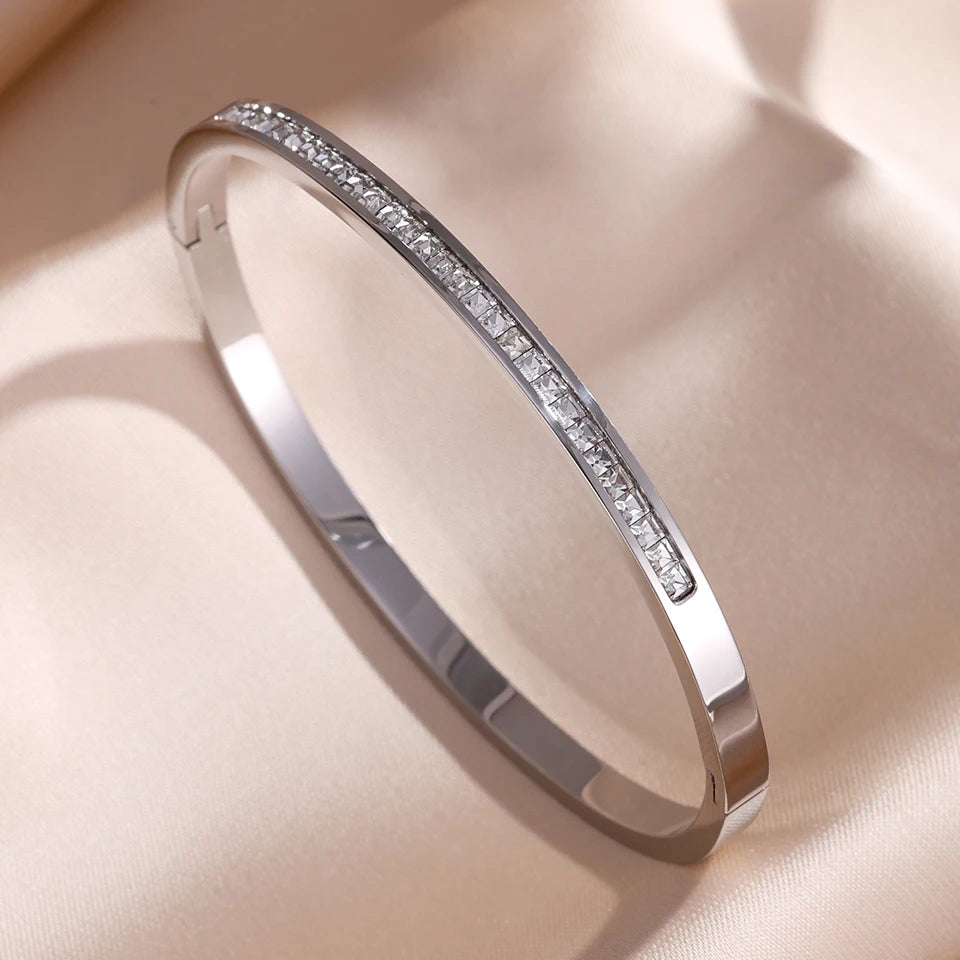 5/1pcs Sparkling Zirconia Inlaid Stainless Steel Bracelet Set -