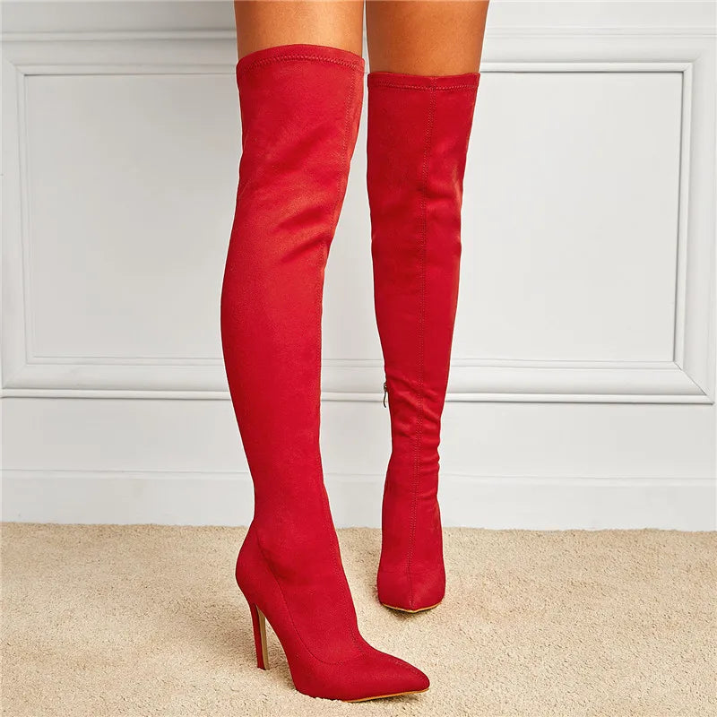 Eilyken Sexy Fashion Pointed Toe Over-The-Knee Boots Women Red Zipper High Heels Shoes Winter Striptease Motorcycle Long Botas -