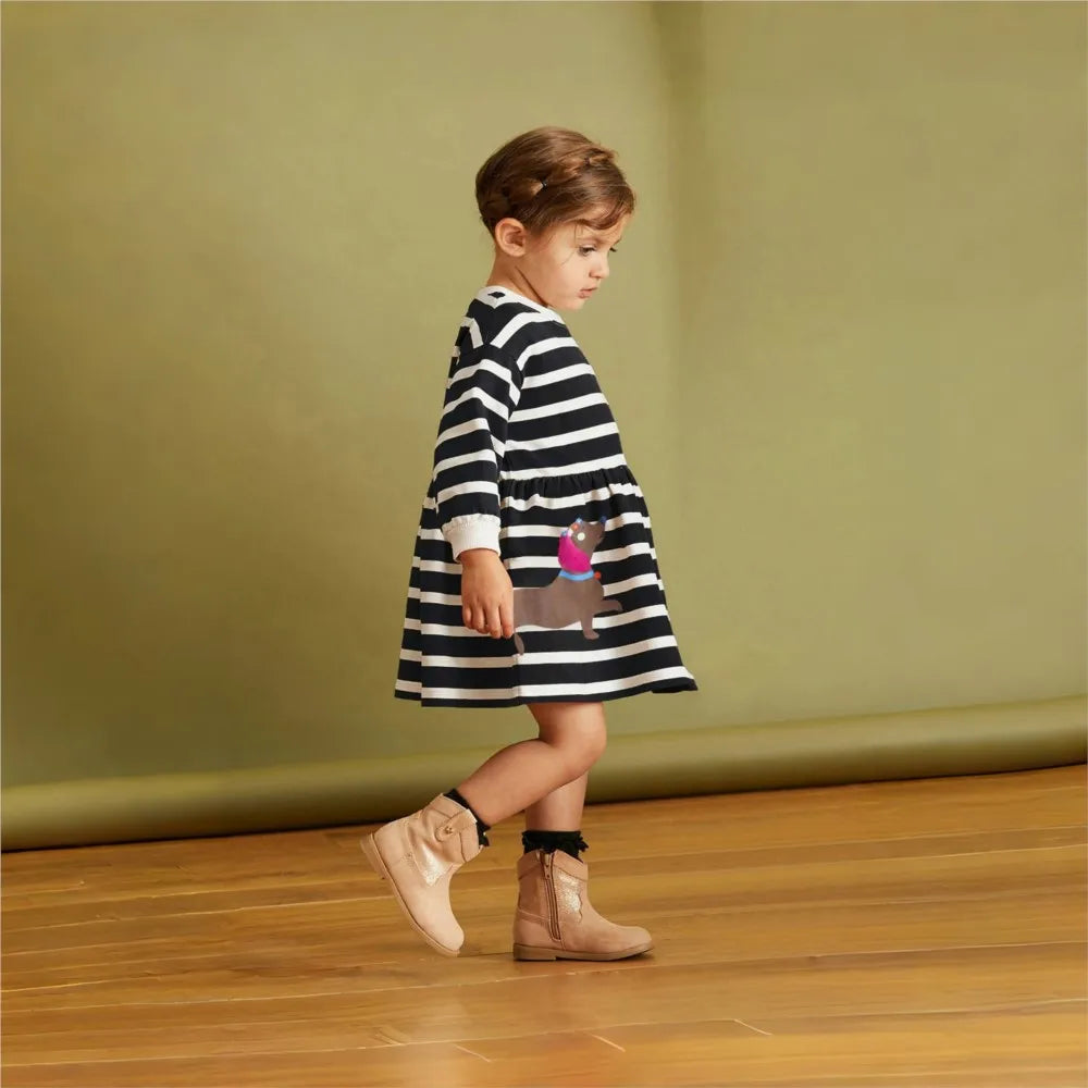 Kids Clothes Children's Clothing Baby Girls 2025 Autumn Spring Cotton Long Sleeves Striped Cartoon Dogs Dresses -