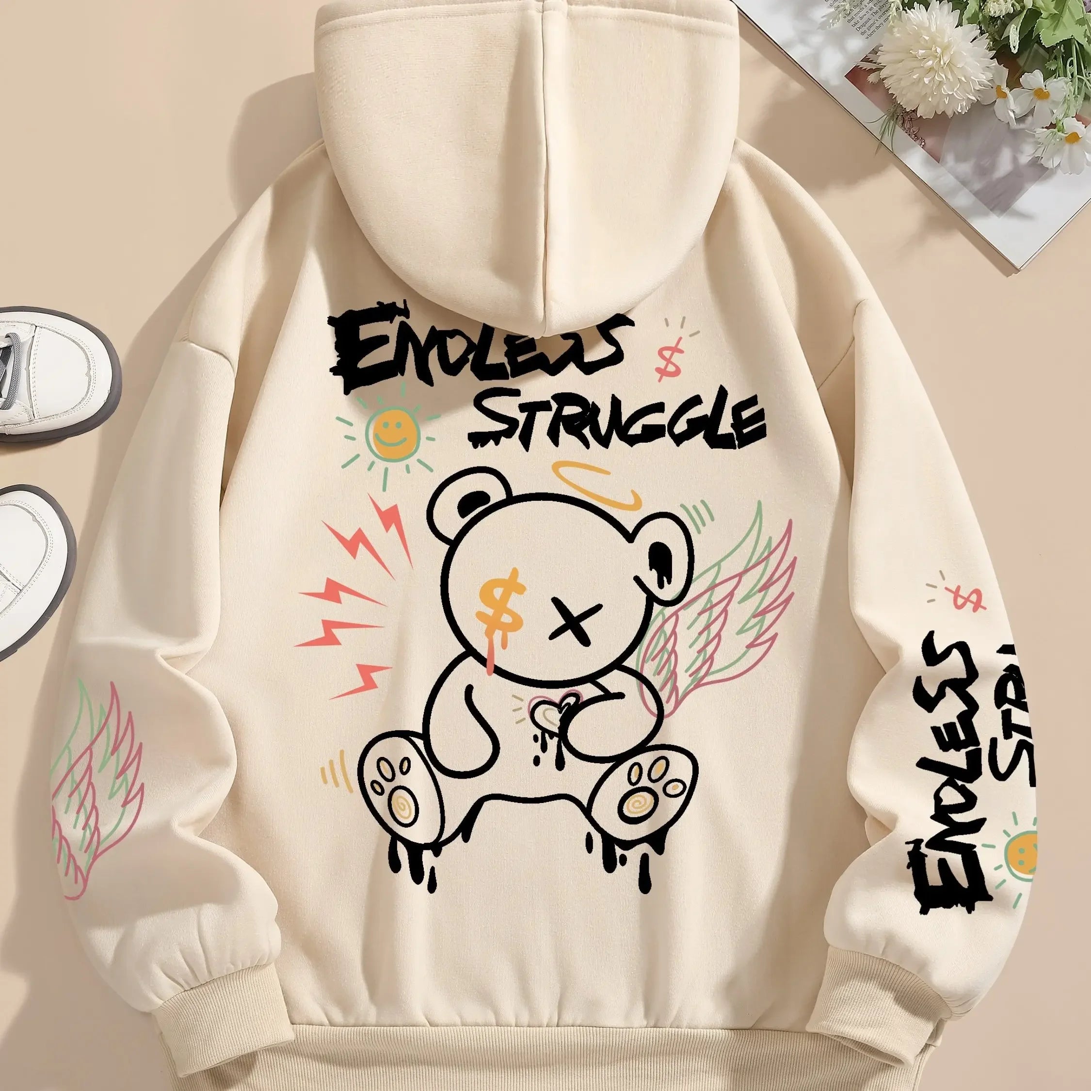 Street Men's and Women's Sweatshirts Endless Struggle Graffiti Bear Print Hoodies Loose Sweatshirt Set Sportswear Casual -