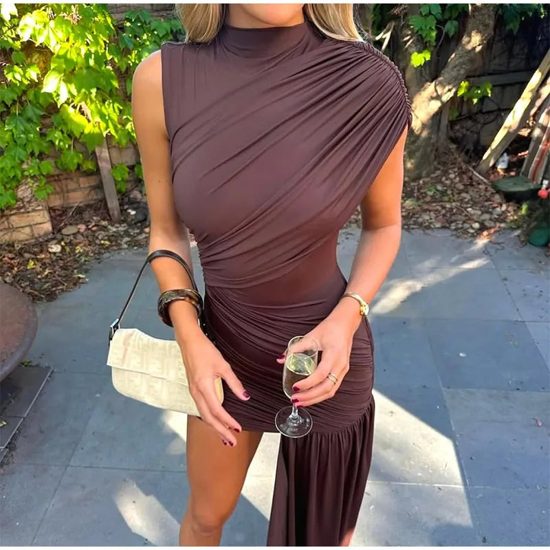 Elegant Women Pleated Irregular Patchwork Maxi Dress Chic Long Sleeve High Neack Dresses 2025 Summer Turtleneck Party Prom Gowns -
