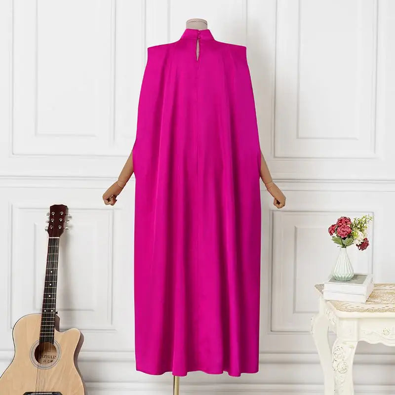 Plus Size 5XL VONDA 2023 Women Stand Collar Elegant Satin Dress Long Bat Sleeve Evening Pleated Maxi Sundress Casual Solid Robe -