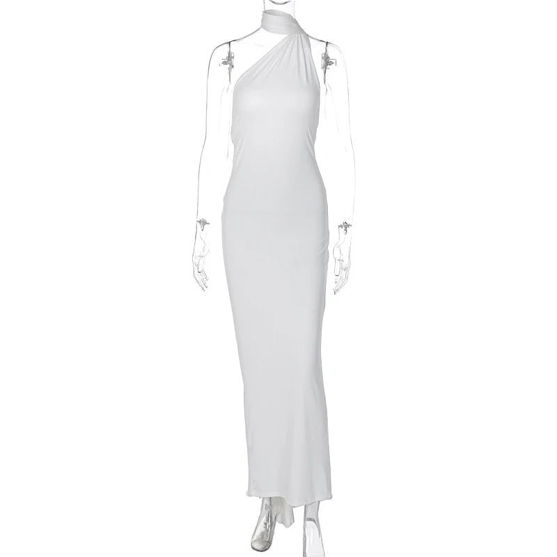 One Shoulder Sleeveless Backless Maxi Dress -