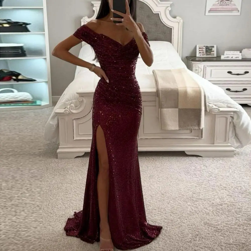 Dazzle in style with this sequin pleated maxi dress featuring short sleeves and a waist-tight silhouette—perfect for showcasing sophistication and glamour! -