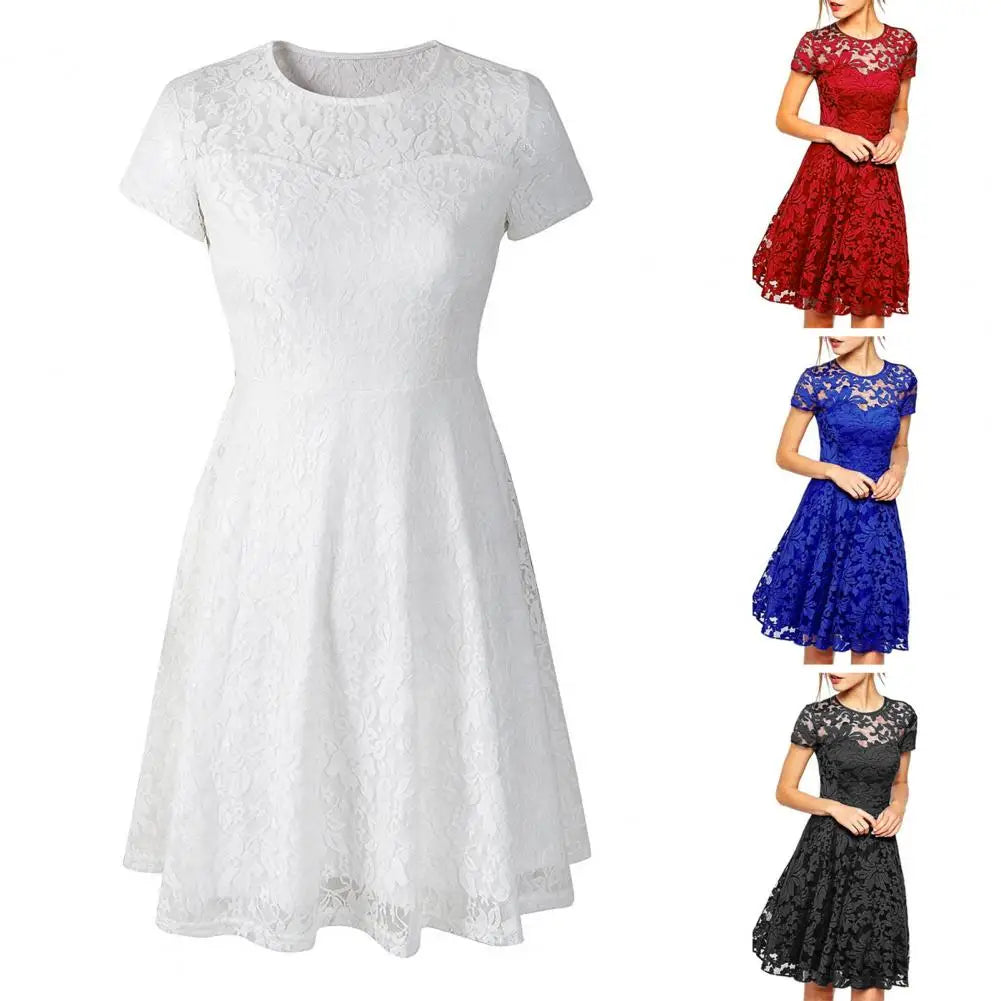 Make a chic statement with this elegant women's dress featuring an O-neck design, transparent lace, and hollow detail—a perfect choice for a sophisticated and stylish look. -