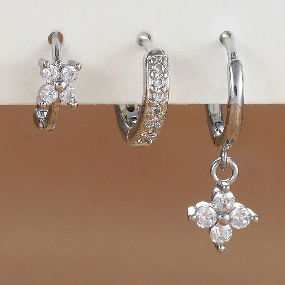 3PCS Stainless Steel Zircon Flower Earring Set for Women -