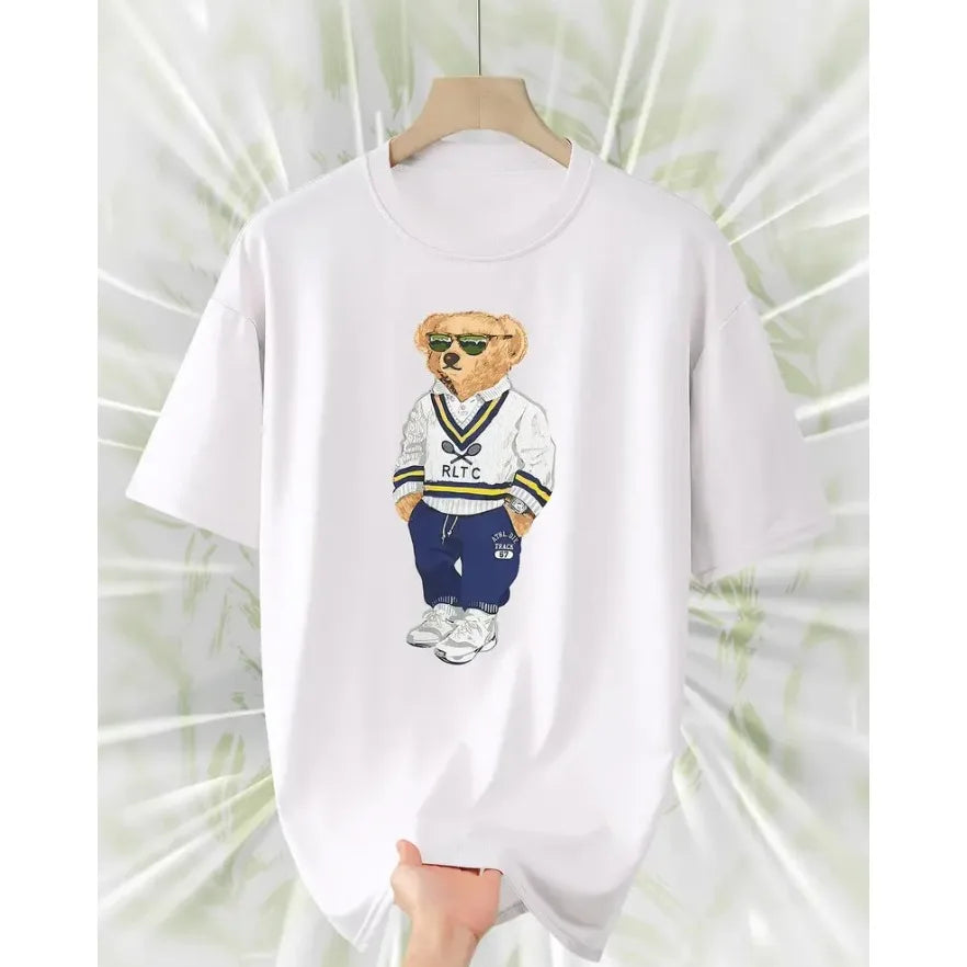 Men's Fashion Loose Round Neck T-shirt Casual Street Style with Teddy Bear Graphic Printed Short Sleeve Perfect Gift for Him -
