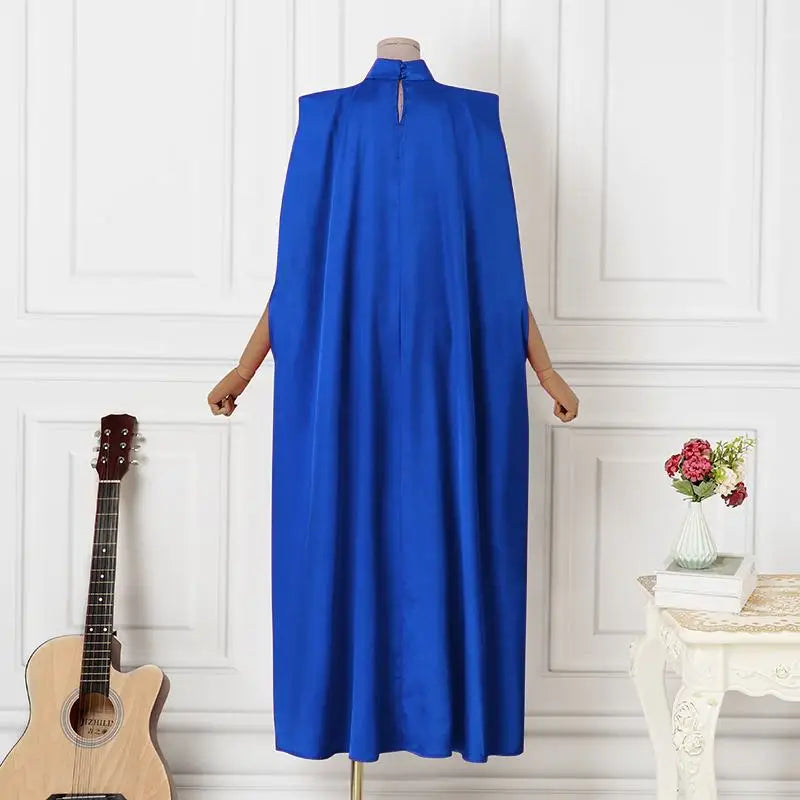 Plus Size 5XL VONDA 2023 Women Stand Collar Elegant Satin Dress Long Bat Sleeve Evening Pleated Maxi Sundress Casual Solid Robe -