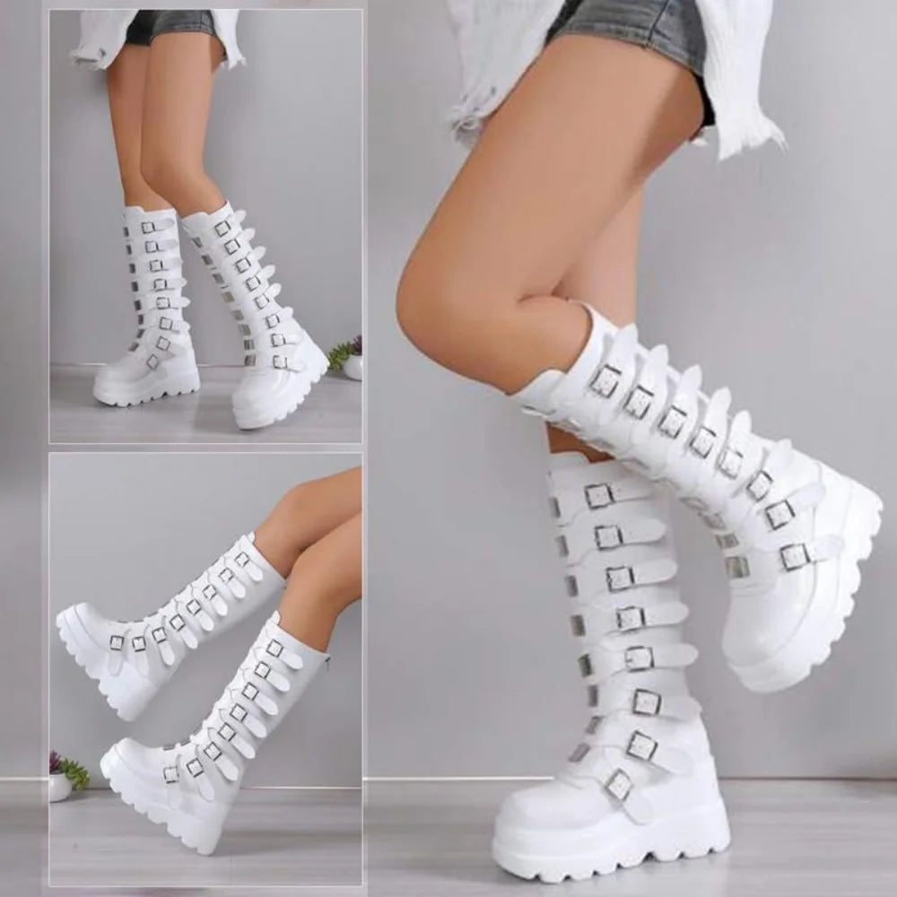 GIGIFOX Goth Metal Buckle Combat Mid-Calf Boots For Women Round Toe Platform Chunky High Wedges Cool Fashion Motorcycle Boots -