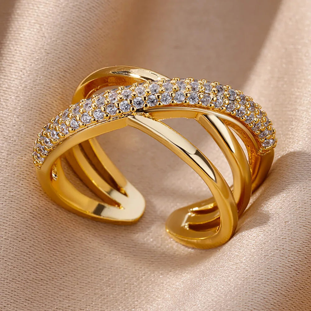 Gold Plated Stainless Steel Crystal Rings -