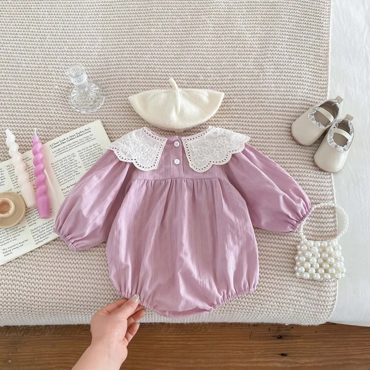 Dress your newborn in adorable style with this fashionable lace baby romper bodysuit—soft, comfy, and perfect for special moments! -