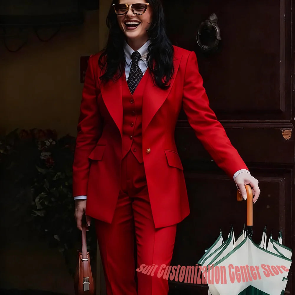 Autumn Retro Red Women's Jacket Pant Sets 3Piece Suit Single Button Peaked Lapel Blazer Formal Office Professional Outerwears -