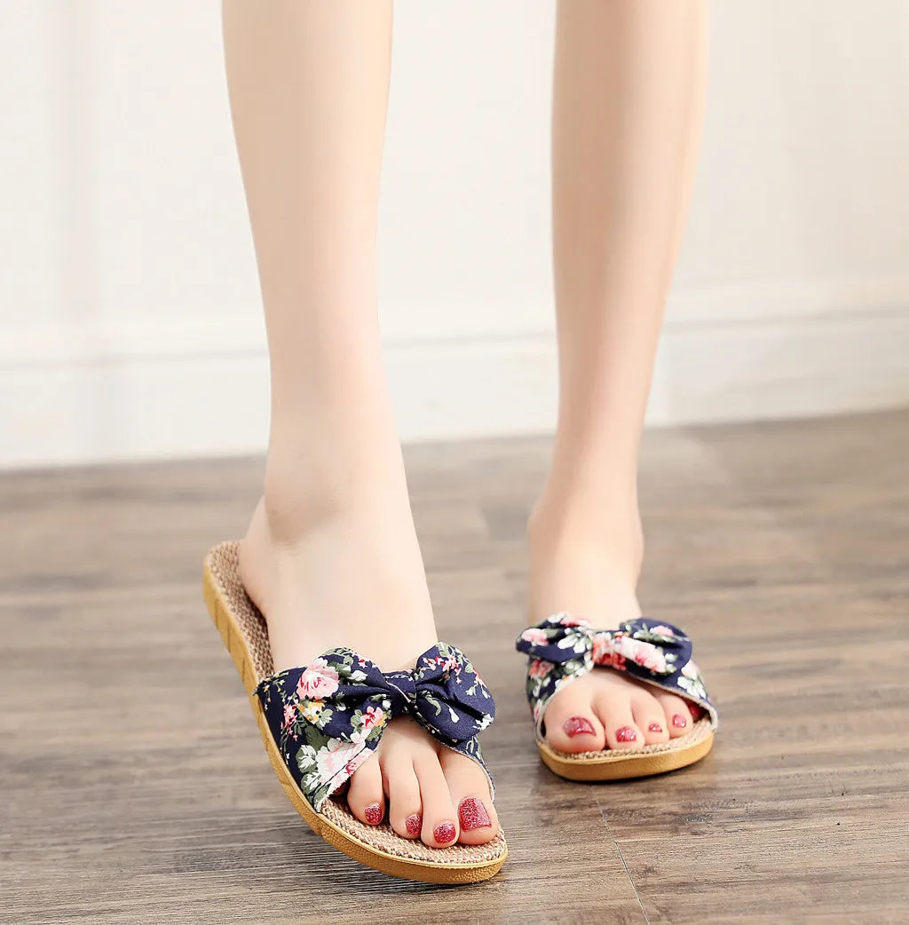 Ladies' Bohemian Style Bow Flower Linen Slippers Sandals Beach Shoes Home Shoes Beach Slippers Indoor Non Slip Shoes 2024 -
