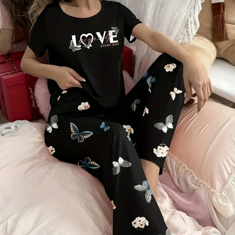 Stylish Simple Women's Summer Breathable Comfort Pajamas Women's Digital Alphabet Butterfly Print Short Sleeve Set Sleepwear -