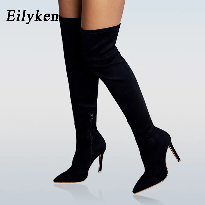 Eilyken Sexy Fashion Pointed Toe Over-The-Knee Boots Women Red Zipper High Heels Shoes Winter Striptease Motorcycle Long Botas -