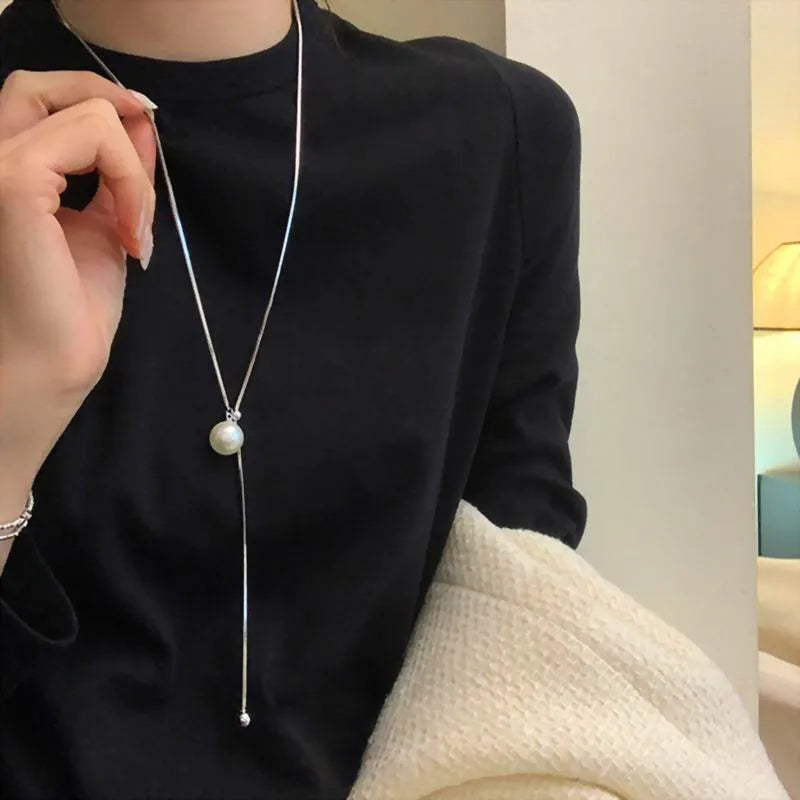 Women Long Necklace With Single Pearl -