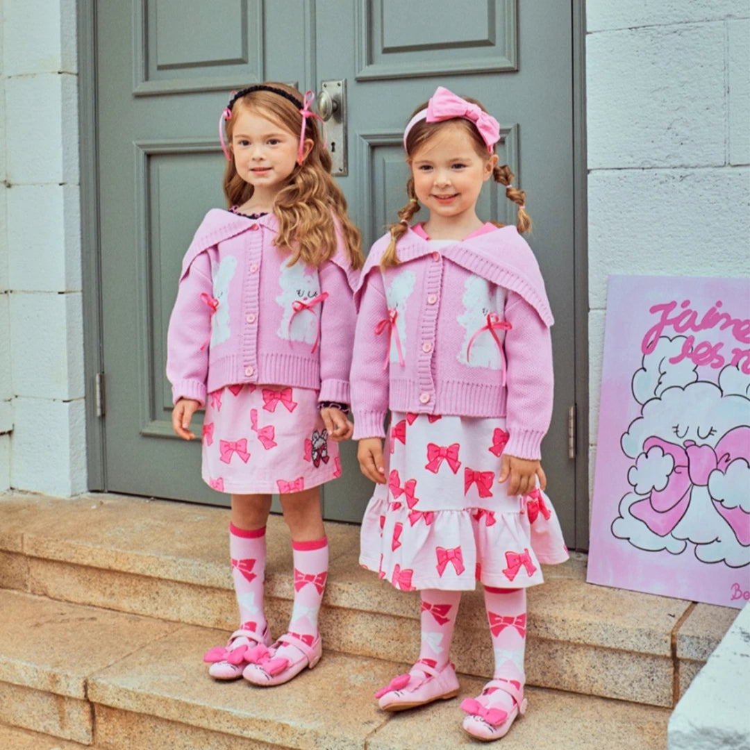 Children's Clothes 2025BE Knitwear Cardigan Skirts Baby Girls Autumn Winter Princess Bow Printed Dress Clothings KIDS AM Korean -