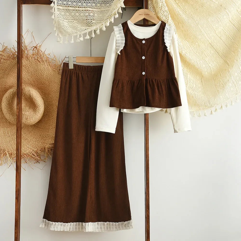 Clothes for Children Aged 8-12 Autumn New Long Sleeved T-shirt Top + Coffee Colored Vest + Pants Three Piece Set Girls Suit -