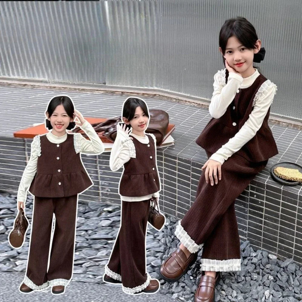 Clothes for Children Aged 8-12 Autumn New Long Sleeved T-shirt Top + Coffee Colored Vest + Pants Three Piece Set Girls Suit -