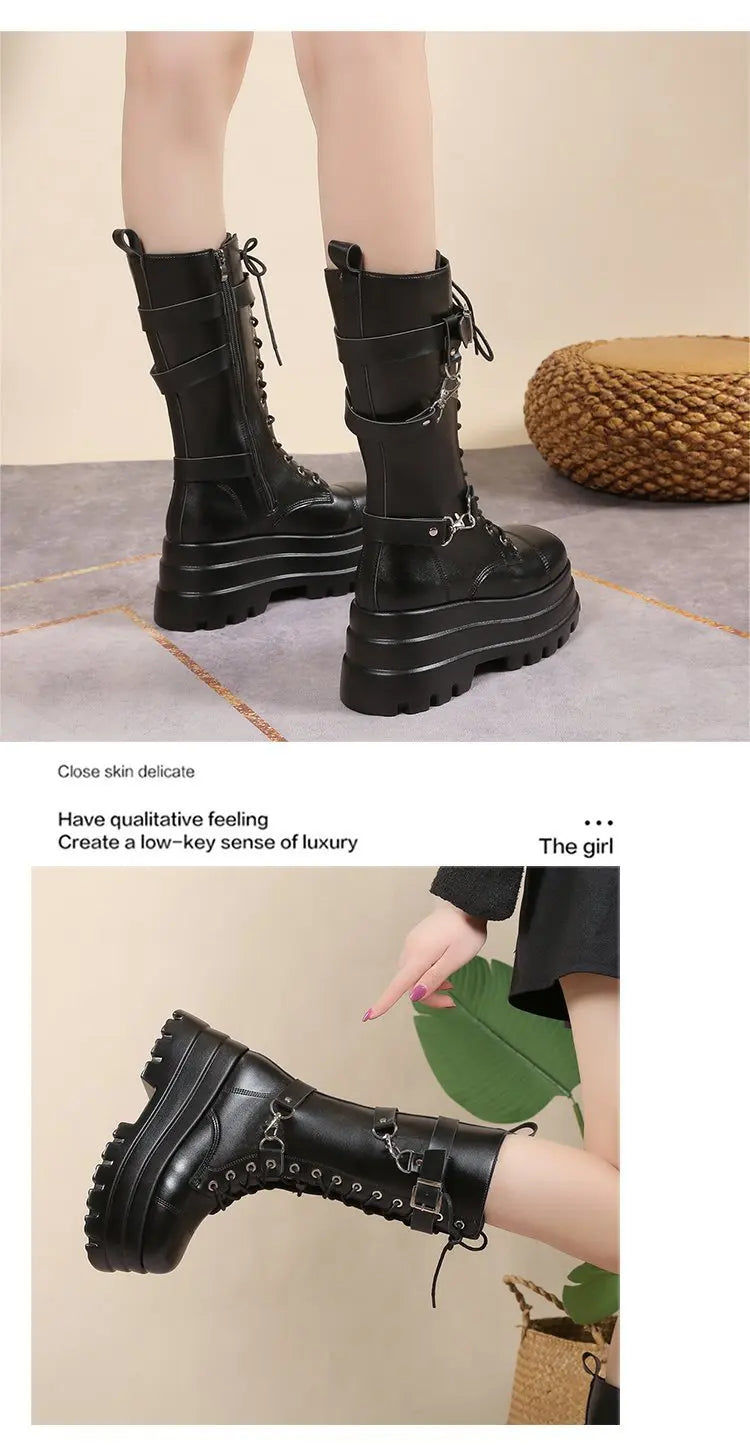 Plus Size 43 Autumn Women Boots Buckle Round Toe Wedges Platform Boots Punk Goth INS Women Street Shoes Combat Boots for Women -