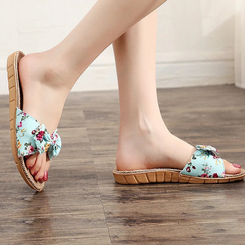 Ladies' Bohemian Style Bow Flower Linen Slippers Sandals Beach Shoes Home Shoes Beach Slippers Indoor Non Slip Shoes 2024 -