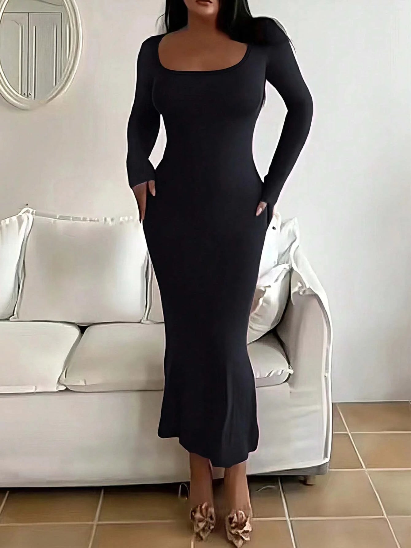 Women's Solid Long Sleeve Dress -