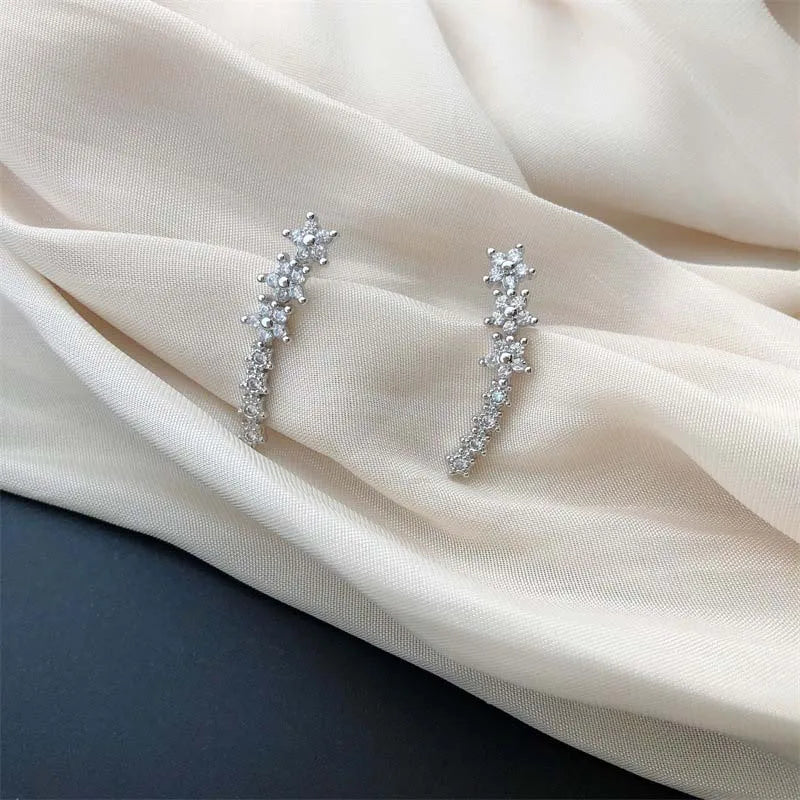 Silver Zircon Flower Star Stud Earrings for Women -