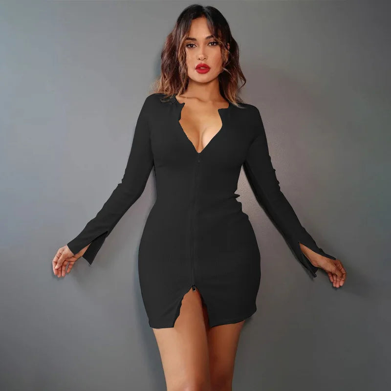 Pure Color Zipper Dress -