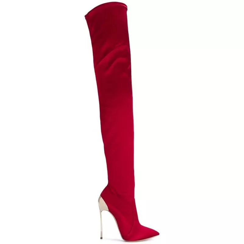 Arden Furtado 2025 Autumn Stretch boots Metal stiletto heels Over the knee boots Pointed Toe Super high heel thigh high boots 41 -