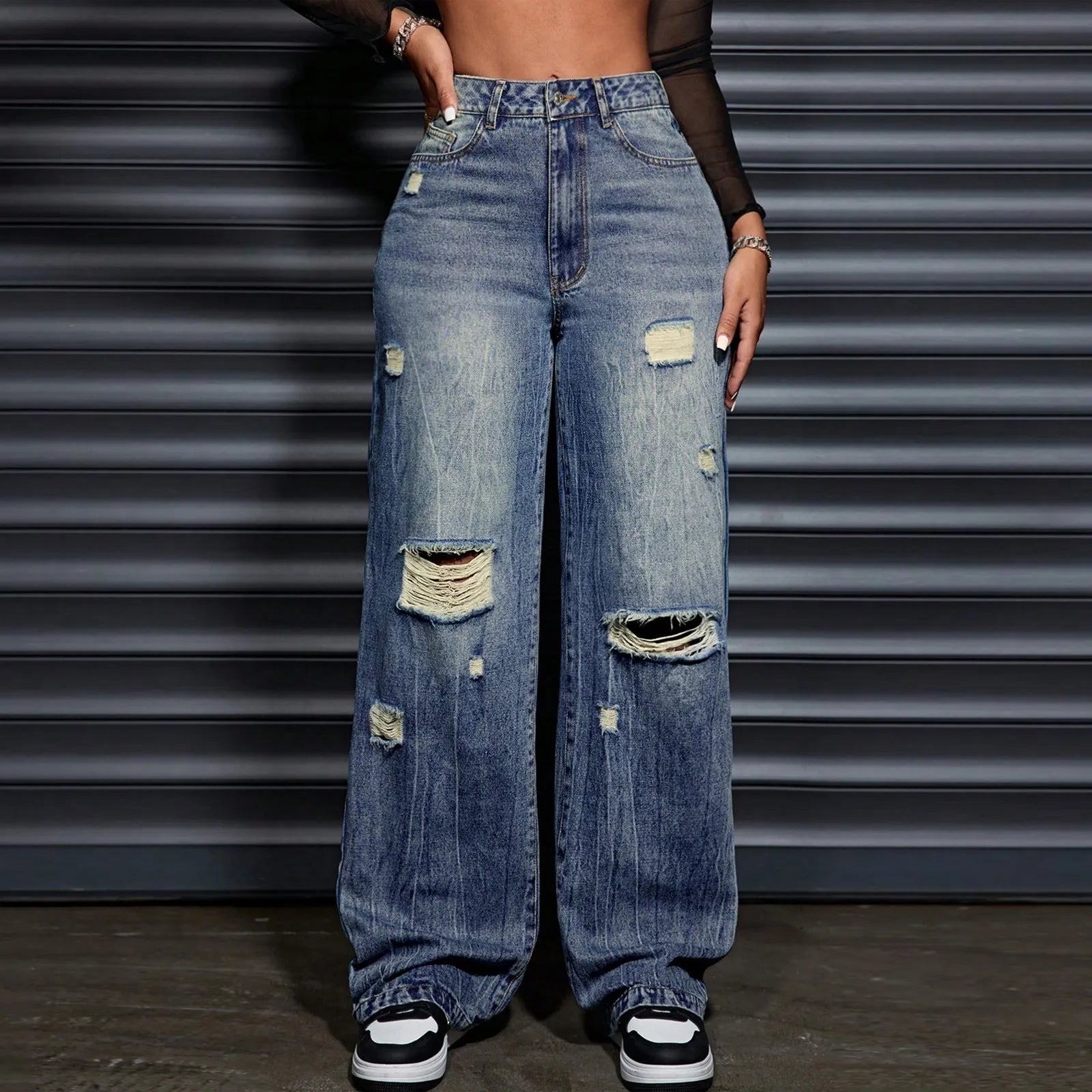 Stay on trend with these denim ripped straight-leg jeans for women—a perfect blend of edgy and classic style! -