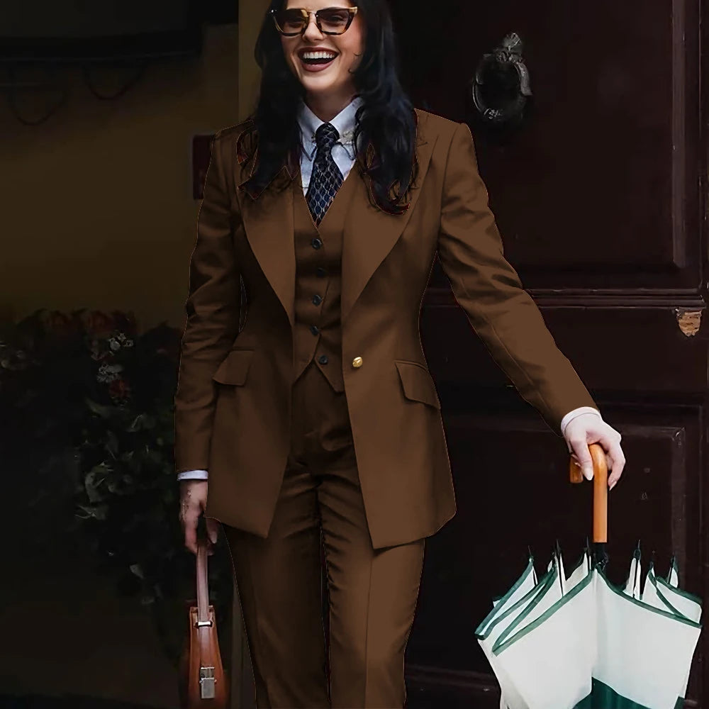 Autumn Retro Red Women's Jacket Pant Sets 3Piece Suit Single Button Peaked Lapel Blazer Formal Office Professional Outerwears -