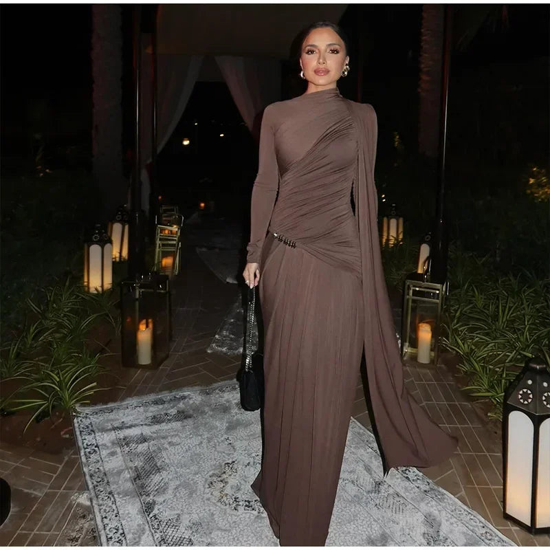 Elegant Women Pleated Irregular Patchwork Maxi Dress Chic Long Sleeve High Neack Dresses 2025 Summer Turtleneck Party Prom Gowns -