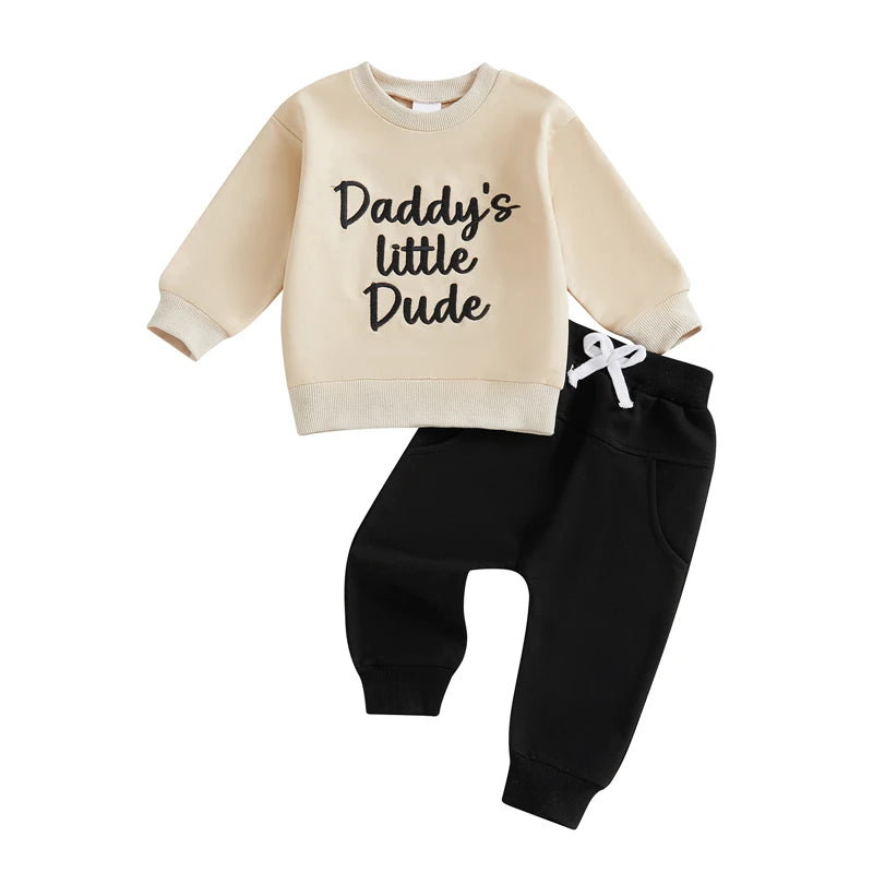 Toddler Baby Boy Winter Fall Outfit Letter Embroidered Sweatshirt and Solid Color Joggers 2 Piece Baby Boys Clothing Set -