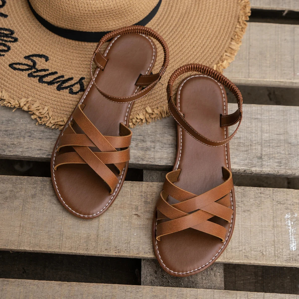 Shoes for Women 2025 Summer New Women Flat Sandals Bottom Roman Strap Sandals with Non Slip Rubber Soles Ladies Daily Sandalia -