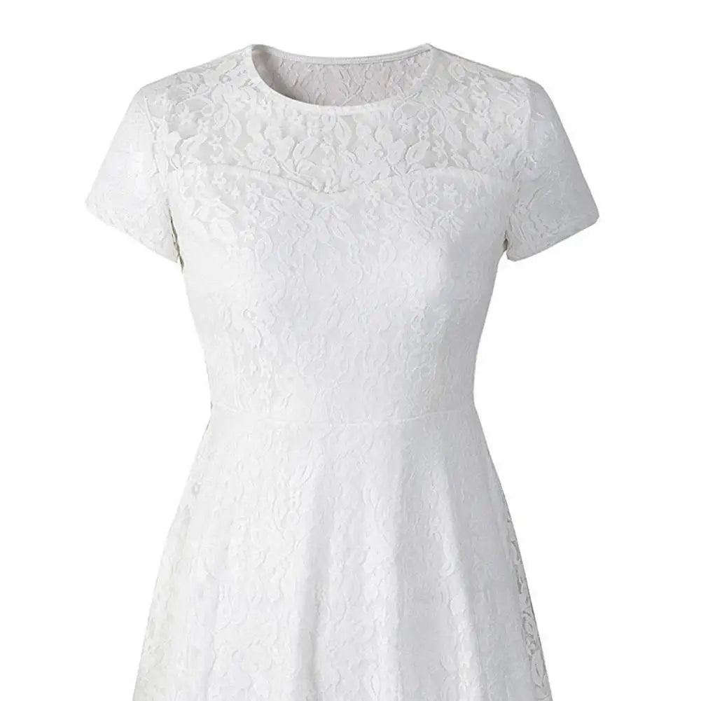 Make a chic statement with this elegant women's dress featuring an O-neck design, transparent lace, and hollow detail—a perfect choice for a sophisticated and stylish look. -