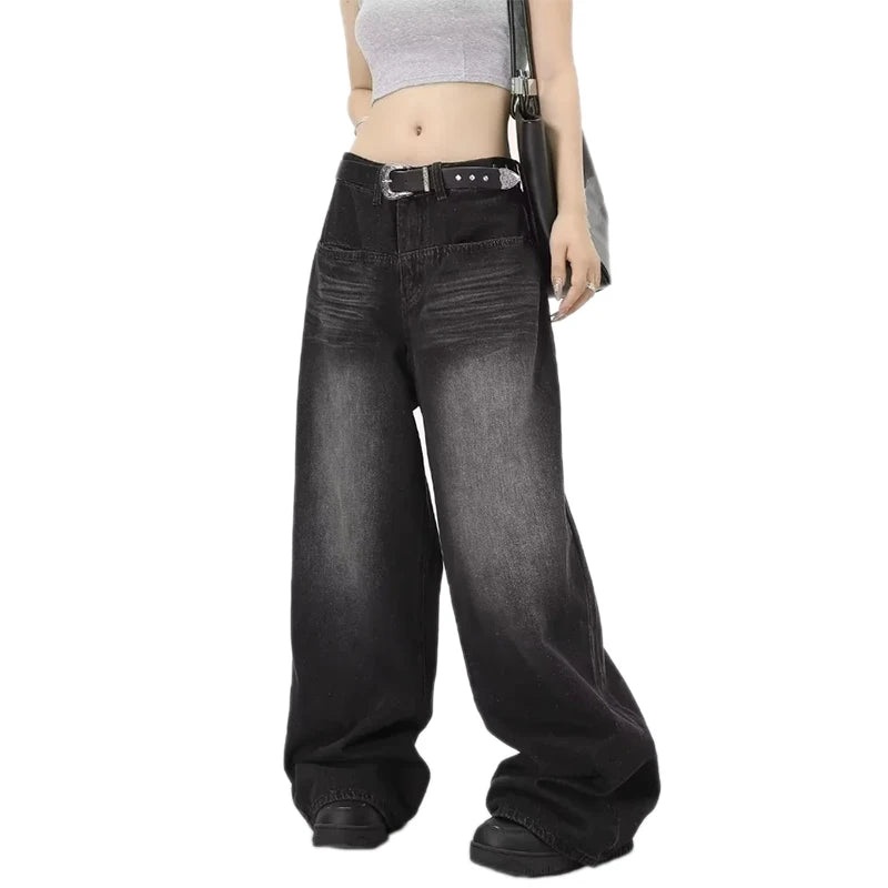 Rock a vintage vibe with these oversized retro black wide-leg jeans for women! -