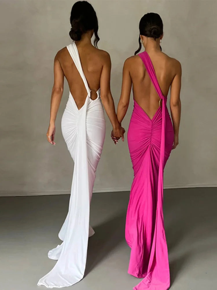 One Shoulder Sleeveless Backless Maxi Dress -