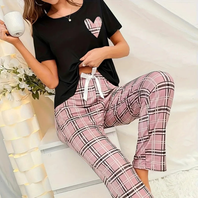 Stylish Simple Women's Summer Breathable Comfort Pajamas Women's Digital Alphabet Butterfly Print Short Sleeve Set Sleepwear -