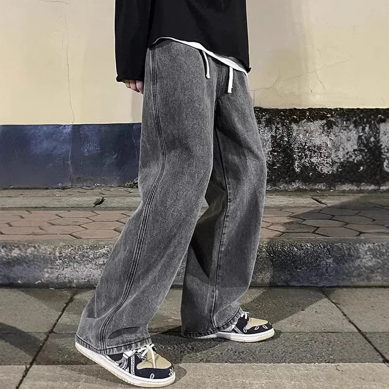 Blue Washed Denim Jeans for Men Straight Loose Fit -